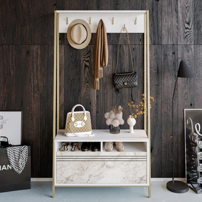 Hanah Home Recibidor Devin - Blanco, 94cm Ancho x 180cm Alto x 35.3cm Profundidad, Moderno y con Estantes para Organizar